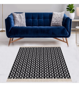 Geometrik Desenli Dijital Baskı Yıkanabilir Kaymaz Taban Modern Kilim Desen Salon Halı (Bej) (Siyah - Beyaz)