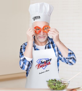 BK Gift Kişiye Özel Süper Baba Erkek Mutfak Önlüğü ve Aşçı Şapkası Seti-5 (Beyaz)