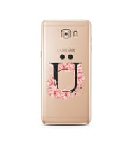Pembe Çiçekli Harf Tasarım Süper Şeffaf Silikon Telefon Kılıfı Samsung C9  Ü-Har
