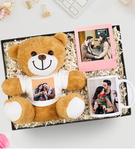 Kişiye Özel Peluş Ayıcık & Pembe İnstagram Çerçevesi & Fotoğraflı Kupa Hediye Seti