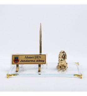 ASLAN FİGÜRLÜ ALTIN KRİSTAL CAM MASA İSİMLİK YENİ İŞ HEDİYESİ