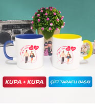 İkili Sevgiliye Sevgililer Günü Hediyesi 4 Kupa Bardak Lacivert Sarı