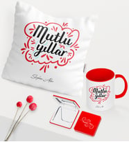 BK Gift Kişiye Özel Yılbaşı Mutlu Yıllar Temalı Kırmızı Kupa Ayna Yastık Seti - 3