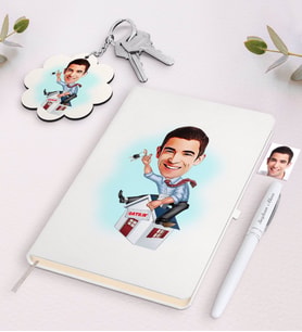 BK Gift Kişiye Özel Erkek Emlakçı Karikatürlü Beyaz Defter Kalem ve Anahtarlık Hediye Seti-1 (Model 1)
