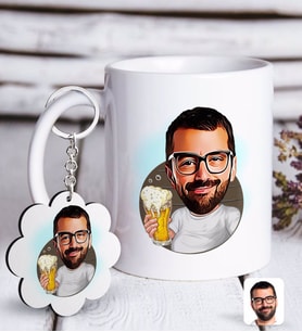 BK Gift Kişiye Özel Erkek Şerefe Karikatürlü Beyaz Kupa ve Anahtarlık Hediye Seti (Model 1)
