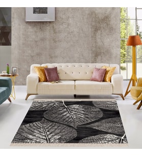 Yaprak Desenli Dijital Baskı Yıkanabilir Kaymaz Taban Modern Salon Halısı Yolluk (Koyu Gri)
