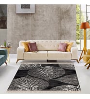 Yaprak Desenli Dijital Baskı Yıkanabilir Kaymaz Taban Modern Salon Halısı Yolluk (Koyu Gri)
