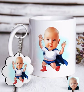 BK Gift Kişiye Özel Bebek Karikatürlü Beyaz Kupa ve Anahtarlık Hediye Seti-3 (Model 1)