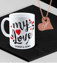 BK Gift Kişiye Özel Sevgililer Temalı Kupa ve Rose Kalp Kolye Set - 81