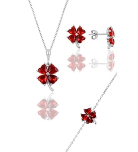 Söğütlü Silver Gümüş rodyumlu lal  renkli yonca modeli üçlü set