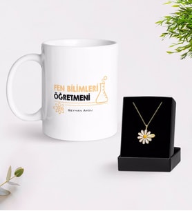 BK Gift Kişiye Özel Fen Bilimleri Öğretmeni Beyaz Kupa ve Papatya Kolye Hediye Seti-4 (Model 1)