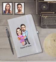 Kişiye Özel Sevgili Karikatürlü Gri Defter Kalem Hediye Seti Model 13