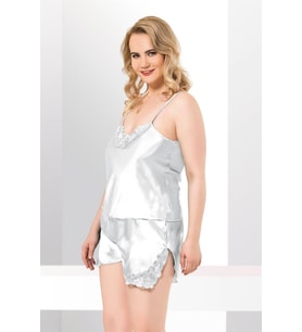 Primoda Büyük Beden Beyaz Saten Babydoll Şort Takımı