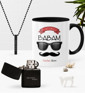 BK Gift Kişiye Özel Yakışıklı Babam Siyah Kupa Benzinli Çakmak Kolye Seti-5 (Model 1)