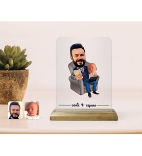 BK Gift Kişiye Özel Baba Oğul Karikatürlü Ahşap Standlı Çerçeve-1 (Beyaz)