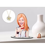 BK Gift Kişiye Özel Kadın Karikatürlü 3D Ahşap Biblo ve İsimli Tarihli Papatya Kolye Seti-35 (Model 1)