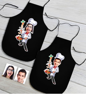 BK Gift Kişiye Özel İkili Bay ve Bayan Chef Karikatürlü Siyah Mutfak Önlüğü Seti-4