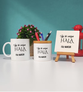 İyi ki Varsın Hala Tasarımlı Halaya Hediye Kupa Bardak Kalemlik ve Dekoratif Taş Baskı Hediye Seti