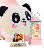 Kişiye Özel Panda Peluş Yastık & Peri Kızı Işıklı Sim Kar Küresi Arkadaş Hediye