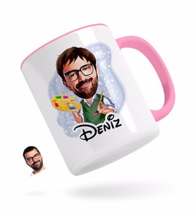BK Gift Kişiye Özel Erkek Ressam Karikatürlü Pembe Kupa Bardak-1