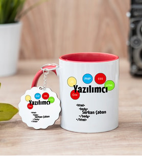 Yazılımcı Kırmızı Kupa Bardak Ve Anahtarlık Set