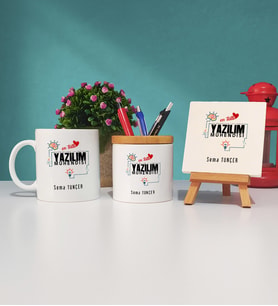 Mesajlı Yazılım Mühendisi Tasarımlı Kişiye Özel Hediye Yazılım Mühendisi Kupa Bardak Kalemlik ve Dekoratif Taş Baskı Hediye Seti
