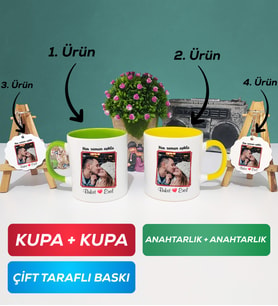 İkili Yeşil Sarı Sevgiliye Sevgililer Günü Hediyesi 9 Kupa Bardak Anahtarlık