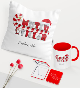 BK Gift Kişiye Özel Yılbaşı Mutlu Yıllar Temalı Kırmızı Kupa Ayna Yastık Seti - 2