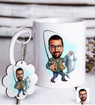 BK Gift Kişiye Özel Erkek Balıkçı Karikatürlü Beyaz Kupa ve Anahtarlık Hediye Seti (Model 1)