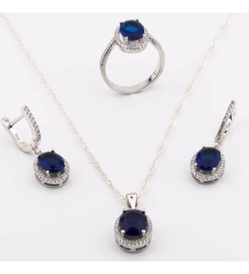 925 Ayar Gümüş Mavi Zirkon Taşlı Oval model Set