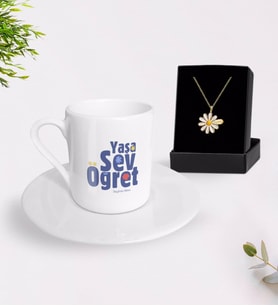 BK Gift Kişiye Özel Yaşa Sev Öğret Türk Kahvesi Fincanı ve İsimli Papatya Kolye Hediye Seti-2 (Model 1)
