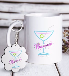 BK Gift Kişiye Özel Mesleki Barmen Beyaz Kupa ve Anahtarlık Hediye Seti-2 (Model 1)