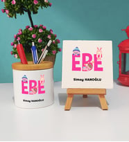 Ebe Tasarımlı Kişiye Özel Hediye Ebe Kalemlik ve Dekoratif Taş Baskı Seti