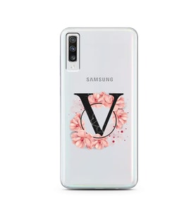 Pembe Çiçekli Harf Tasarım Süper Şeffaf Silikon Telefon Kılıfı Samsung A70 V-Har