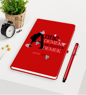 BK Gift Kişiye Özel Anne Demek Mutluluk Demek Kırmızı Defter Kalem Seti