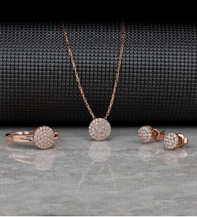 Gümüş Zirkon Taşlı " Nokta Daire " Tasarım Kolye-Küpe-Yüzük Set (Rose)