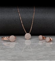 Gümüş Zirkon Taşlı " Nokta Daire " Tasarım Kolye-Küpe-Yüzük Set (Rose)