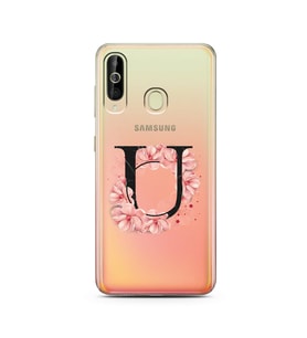 Pembe Çiçekli Harf Tasarım Süper Şeffaf Silikon Telefon Kılıfı Samsung A60 U-Har