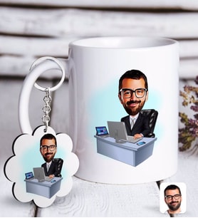 BK Gift Kişiye Özel Erkek Genel Müdür Karikatürlü Beyaz Kupa ve Anahtarlık Hediye Seti-1 (Model 1)