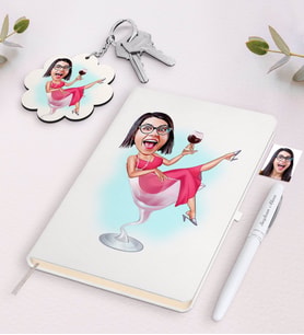 BK Gift Kişiye Özel Kadın Karikatürlü Beyaz Defter Kalem ve Anahtarlık Hediye Seti-22 (Model 1)
