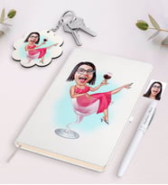 BK Gift Kişiye Özel Kadın Karikatürlü Beyaz Defter Kalem ve Anahtarlık Hediye Seti-22 (Model 1)