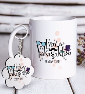 BK Gift Kişiye Özel Evin Yakışıklısı Beyaz Kupa ve Anahtarlık Hediye Seti-3 (Model 1)