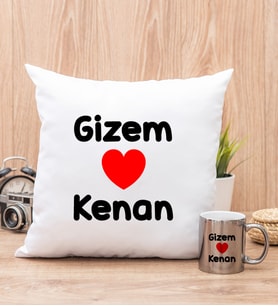 Sevgililere Özel İsim Yazılı Yastık ve Silver Kupa Bardak