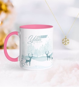 BK Gift Kişiye Özel Yılbaşı Mutlu Yıllar Pembe Kupa ve Kar Tanesi Kolye-20 (Model 1)