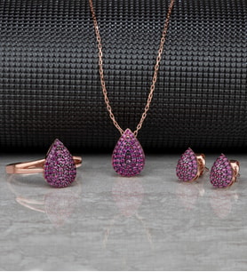 Gümüş Zirkon Taşlı " Damla " Tasarım Kolye-Küpe-Yüzük Set (Rose)
