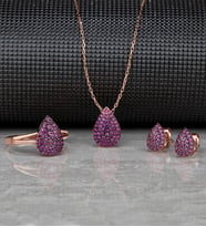 Gümüş Zirkon Taşlı " Damla " Tasarım Kolye-Küpe-Yüzük Set (Rose)