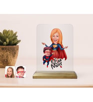 BK Gift Kişiye Özel Süper Anne ve Süper Çocuk Karikatürlü Ahşap Standlı Çerçeve (Beyaz)