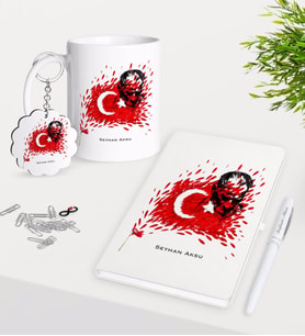 BK Gift Kişiye Özel Atatürk Temalı Kupa Anahtarlık Beyaz Defter Kalem Hediye Seti-3 (Model 1)