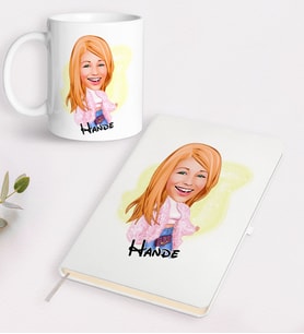 BK Gift Kişiye Özel Kadın Moda İkonu Karikatürlü Beyaz Defter ve Kupa Hediye Seti-1 (Model 1)