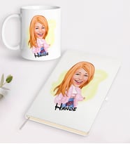 BK Gift Kişiye Özel Kadın Moda İkonu Karikatürlü Beyaz Defter ve Kupa Hediye Seti-1 (Model 1)